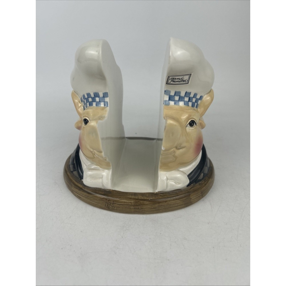 Department 56 Jam Bon Pig Napkin Holder Hand Painted blue brown checks Chef hat‎